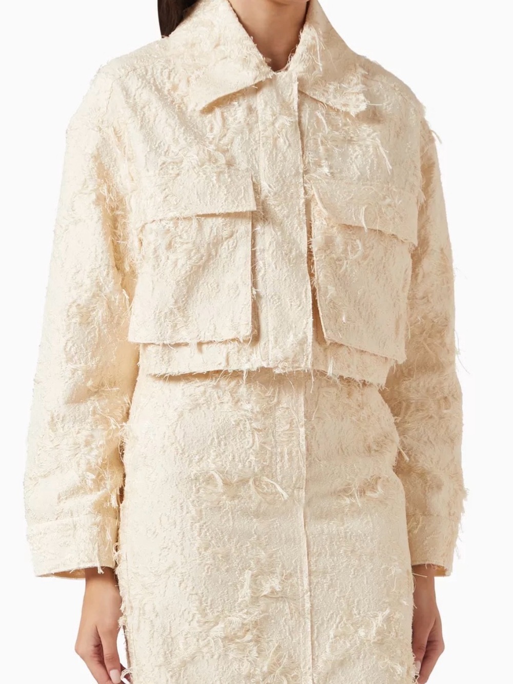 Day Cropped Fringe Textured cotton blend Jacket in cream NWT